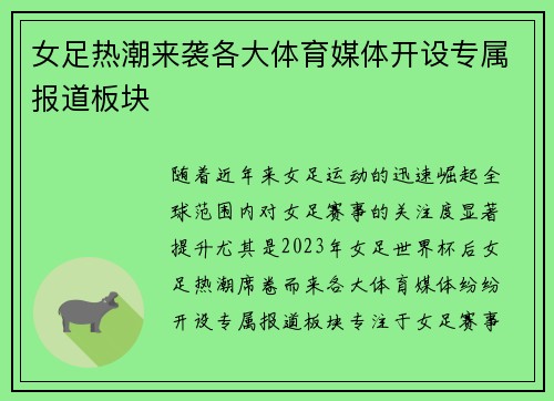 女足热潮来袭各大体育媒体开设专属报道板块