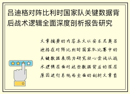 吕迪格对阵比利时国家队关键数据背后战术逻辑全面深度剖析报告研究