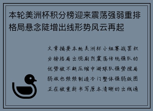 本轮美洲杯积分榜迎来震荡强弱重排格局悬念陡增出线形势风云再起 本轮美洲杯积分榜迎来震荡强弱重排格局悬念陡增出线形势风云再起