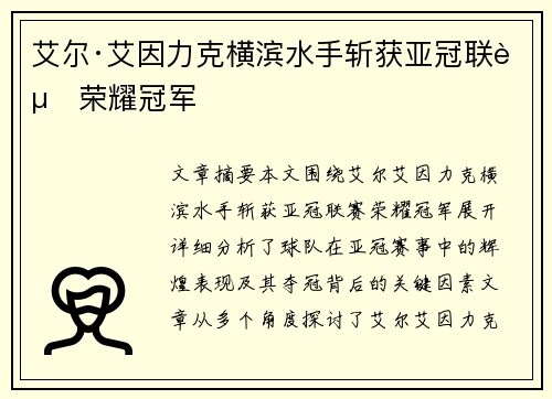艾尔·艾因力克横滨水手斩获亚冠联赛荣耀冠军